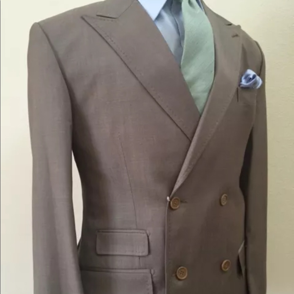 Beige olive double breasted super 150 wool suit